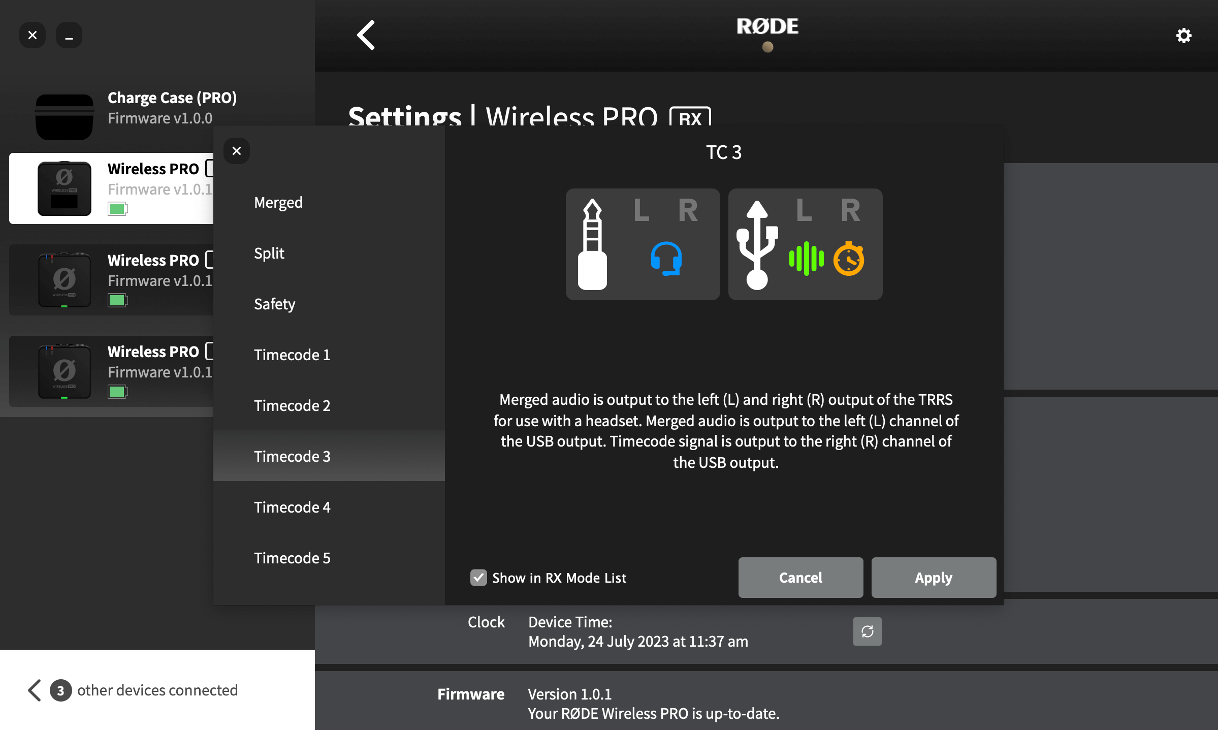 Wireless PRO Timecode Mode 3 settings